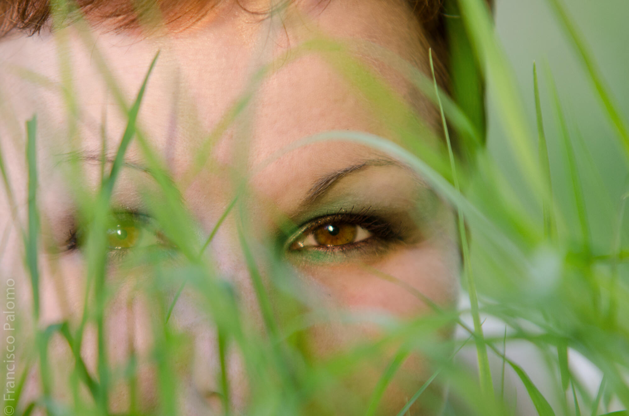 Gesicht einer Frau hinter Grashalmen, die Augen im Fokus